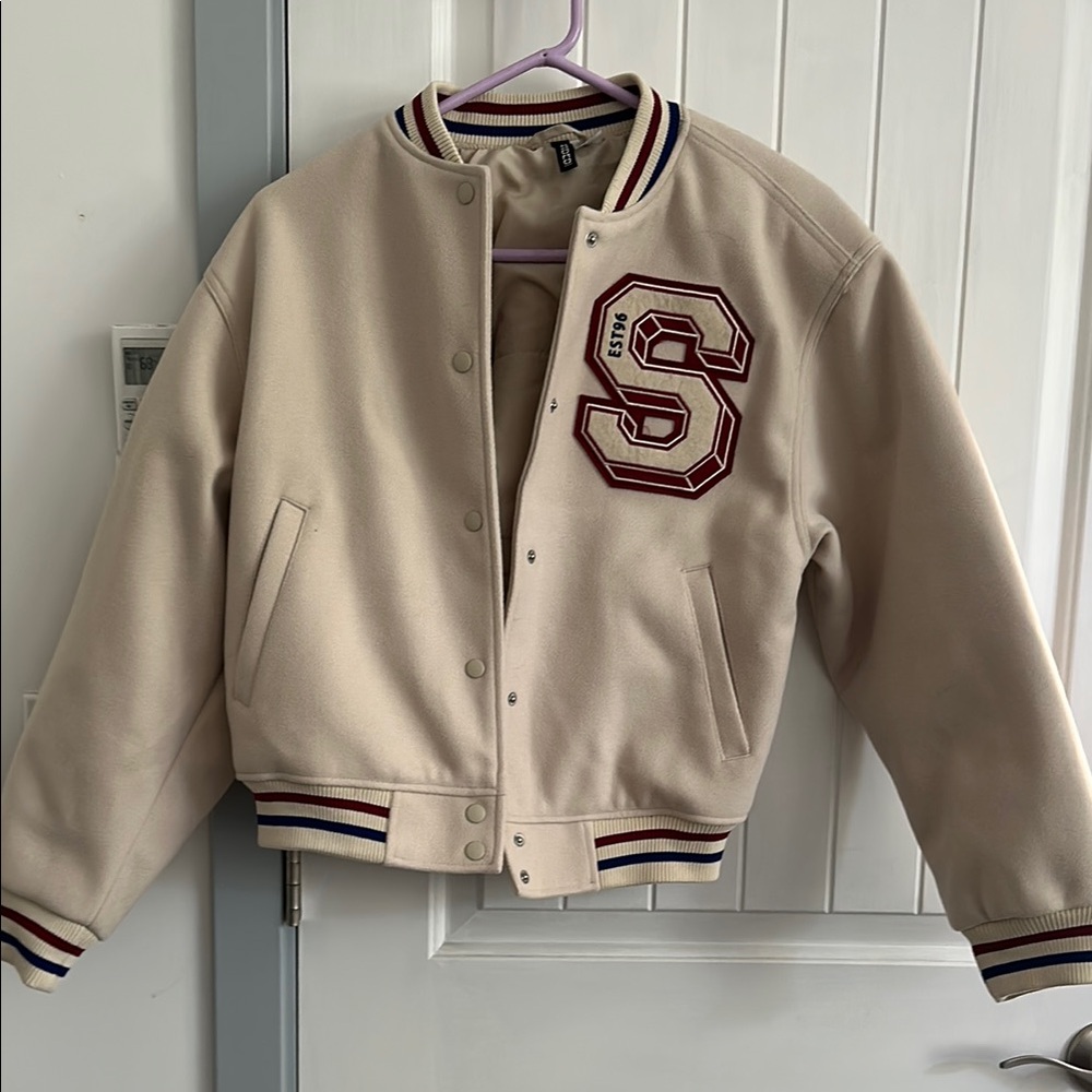 H&M Cream and Red Varsity Jacket Wool Blend
